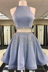 Stylish Two Piece A Line Jewel Sleeveless Short With Beading Prom Dresses